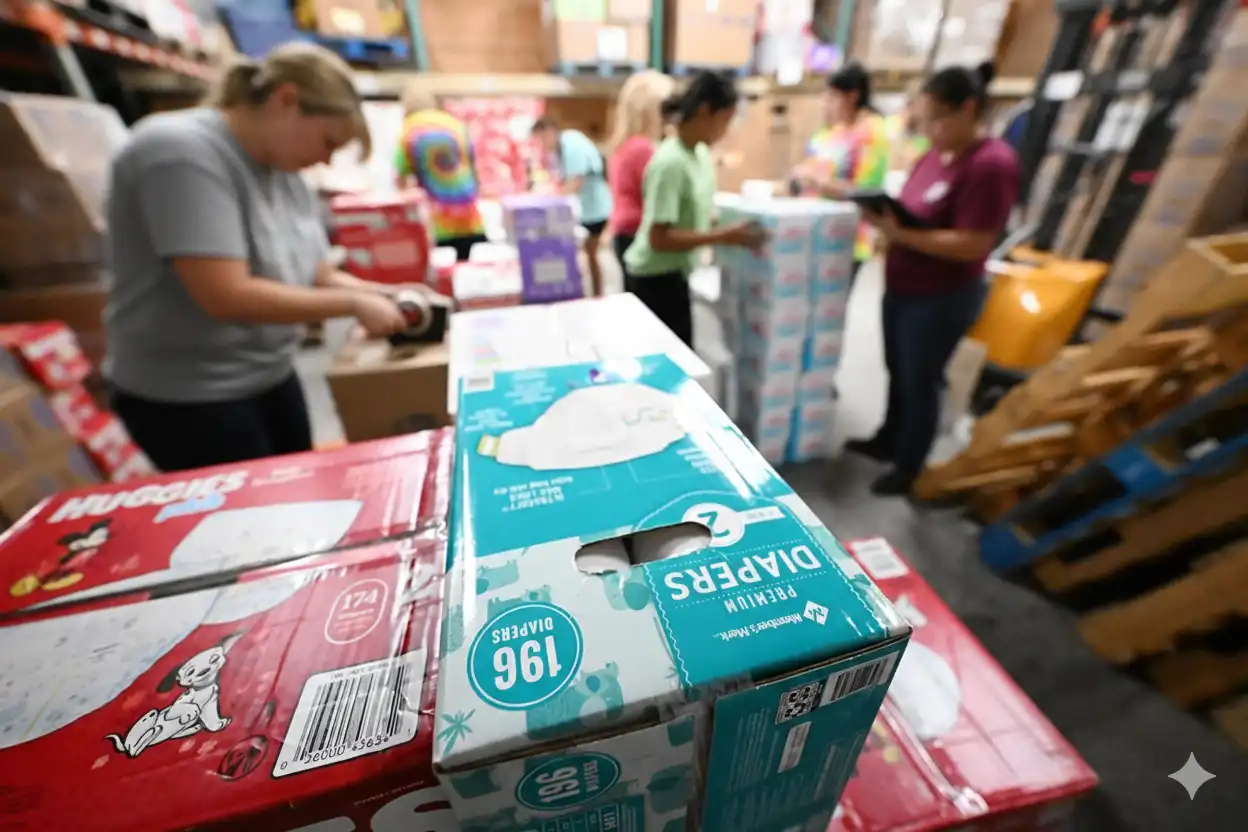 boxes of diapers in a diaper bank with volunteer workers