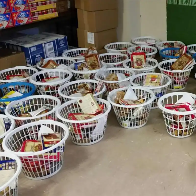 Baskets of donated food for Thanksgiving donation