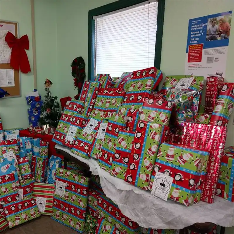 A collection of wrapped Christmas gifts