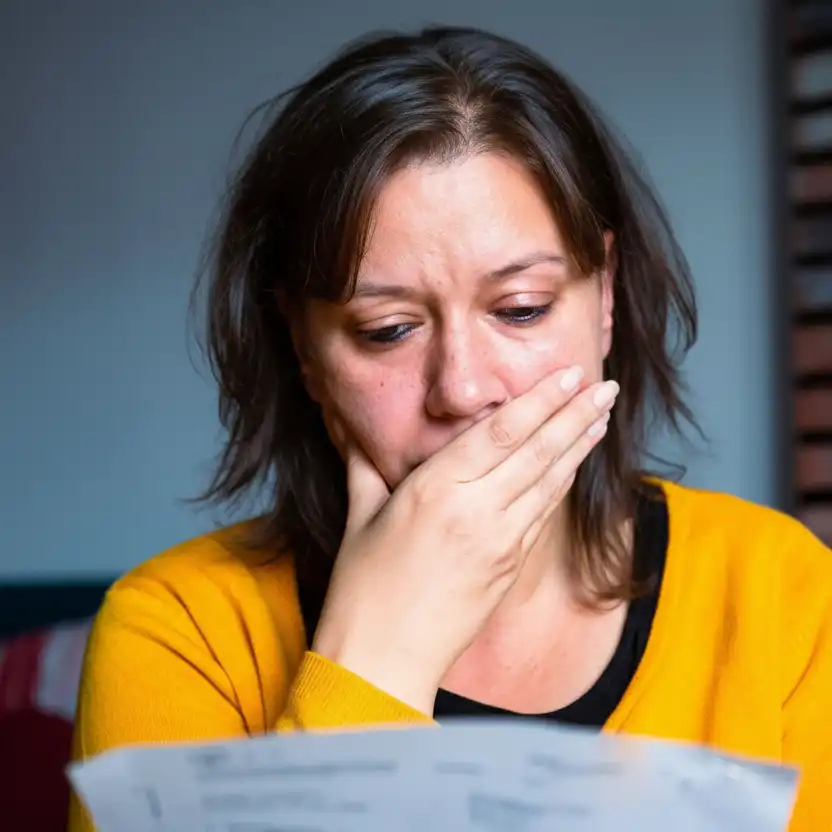 woman appearing worried while looking at her utility bill